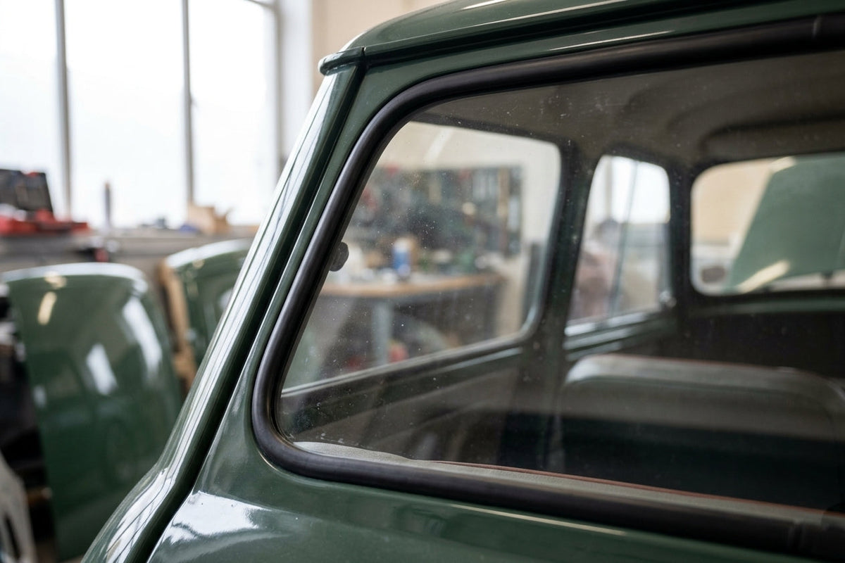 Black windscreen seal fitted around the screen of a green Mini Mk1