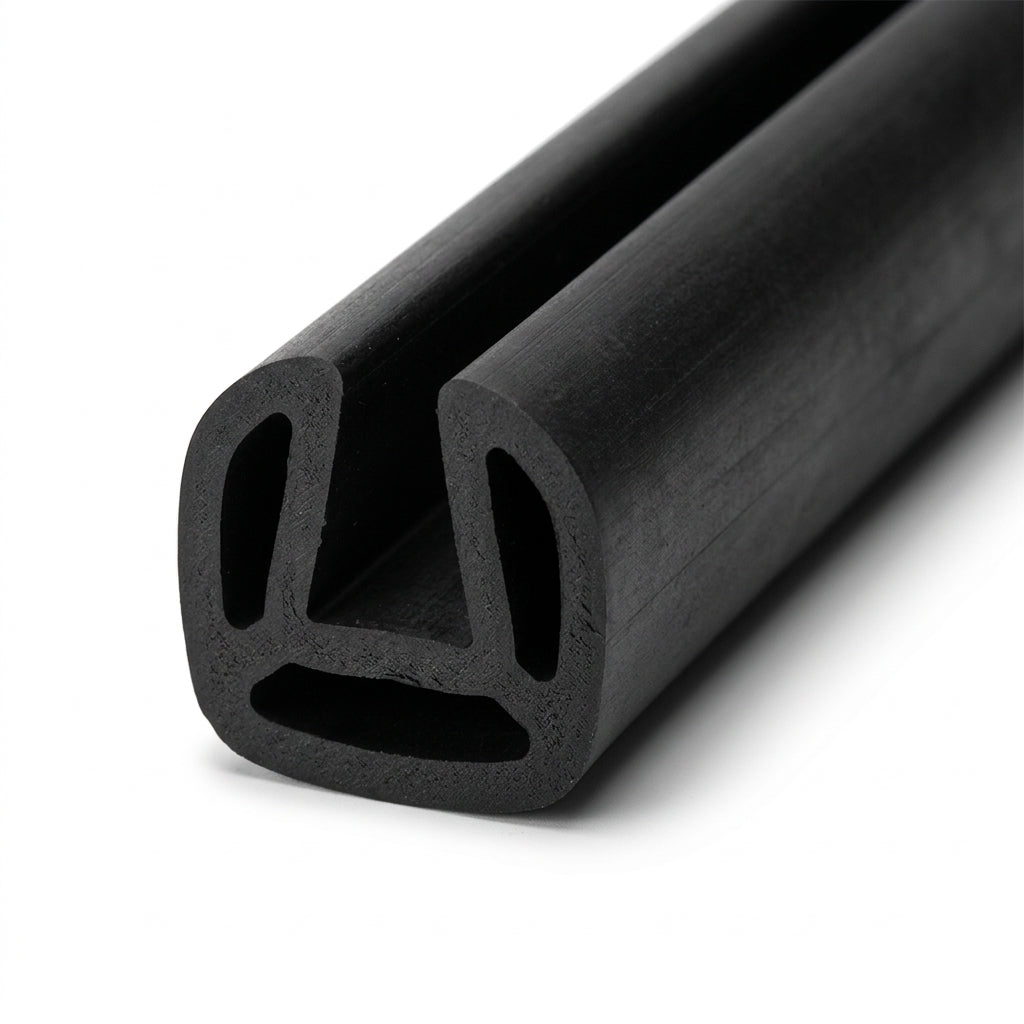 Black EPDM edge protector profile coiled, angled view showing twin internal cavities