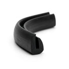 Black neoprene U-channel profile coiled, curved length showing one leg longer than the other