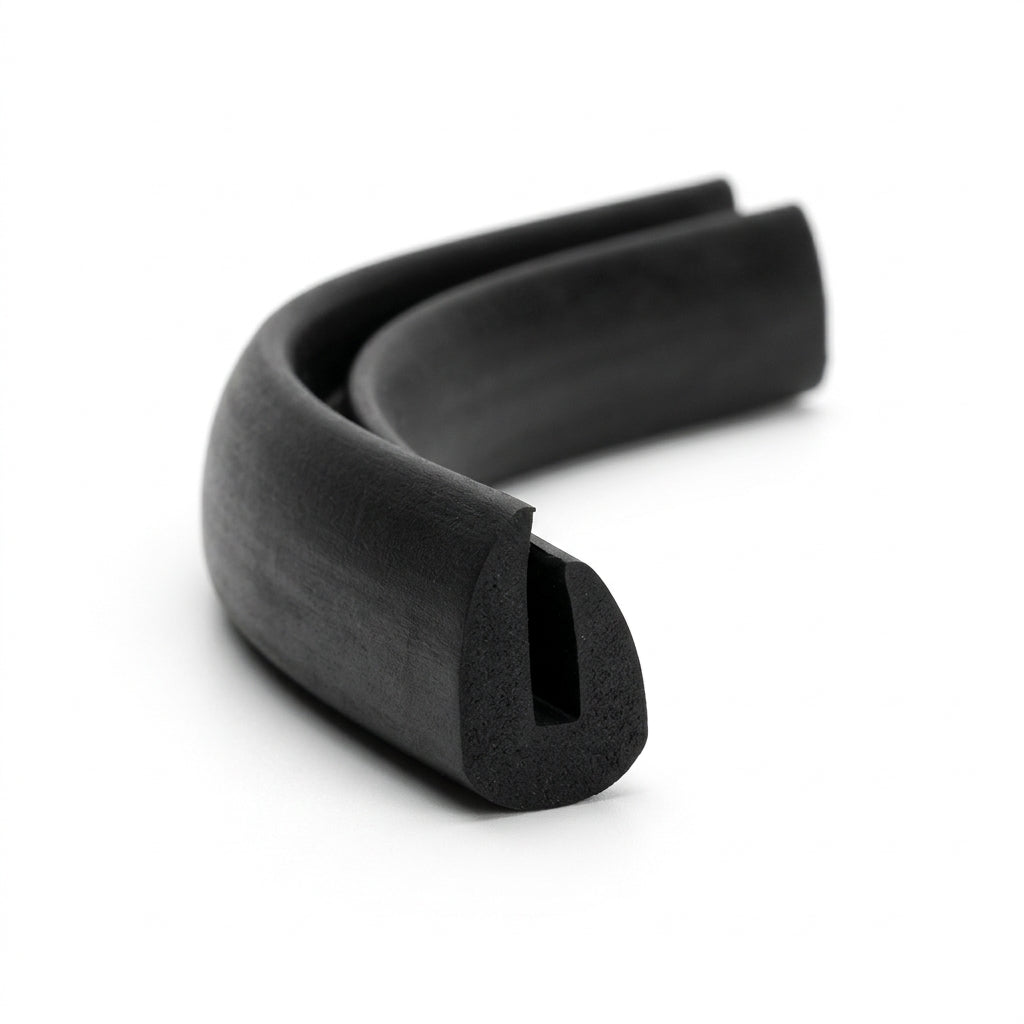 Black neoprene U-channel profile coiled, curved length showing one leg longer than the other