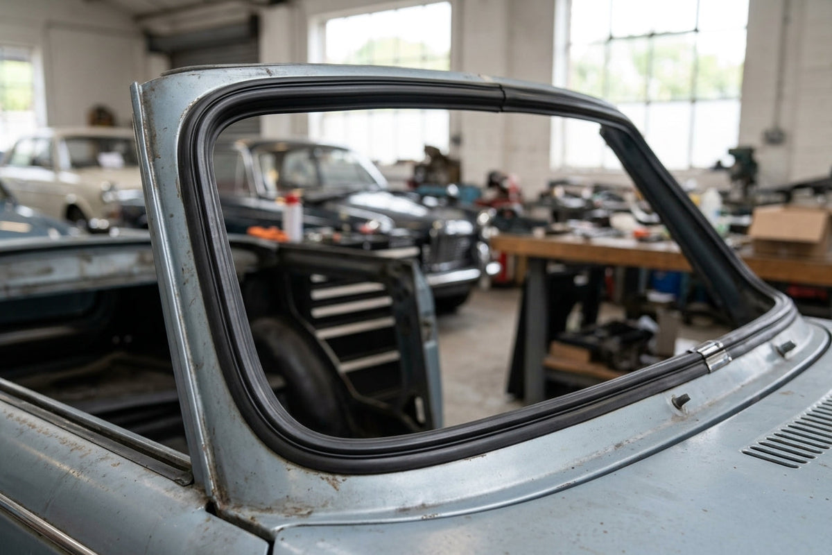 Black windscreen rubber seal fitted around a grey classic car's windscreen