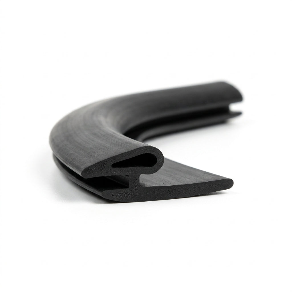 Curved black rubber seal with flat flange and bulb, coiled on white background