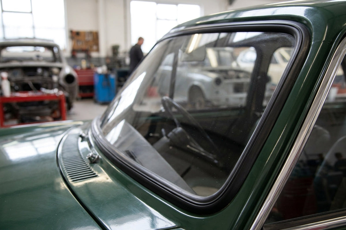 Black rubber windscreen seal cut length photographed at an angle