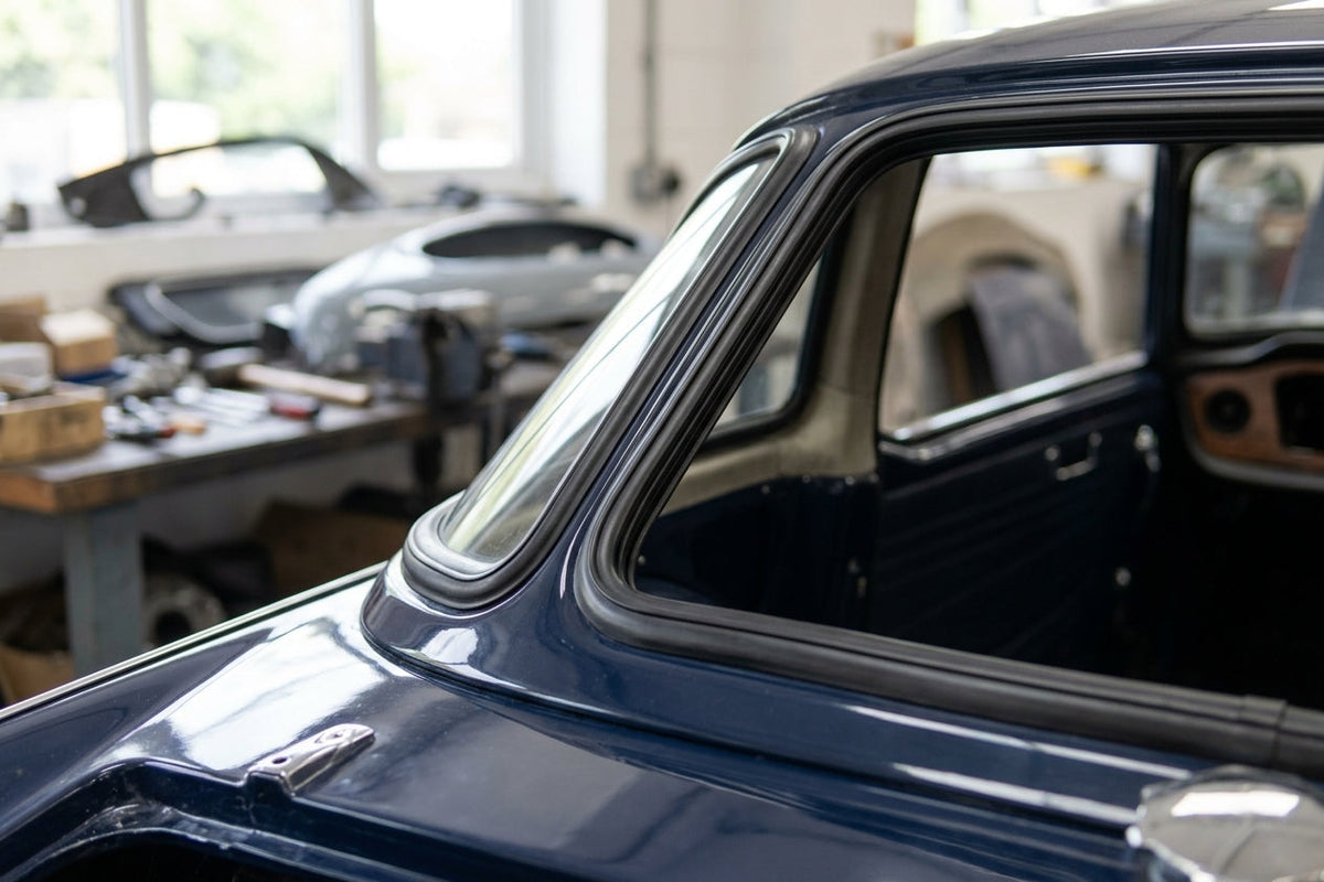 Windscreen seal fitted around the door frame of a dark blue Triumph TR4