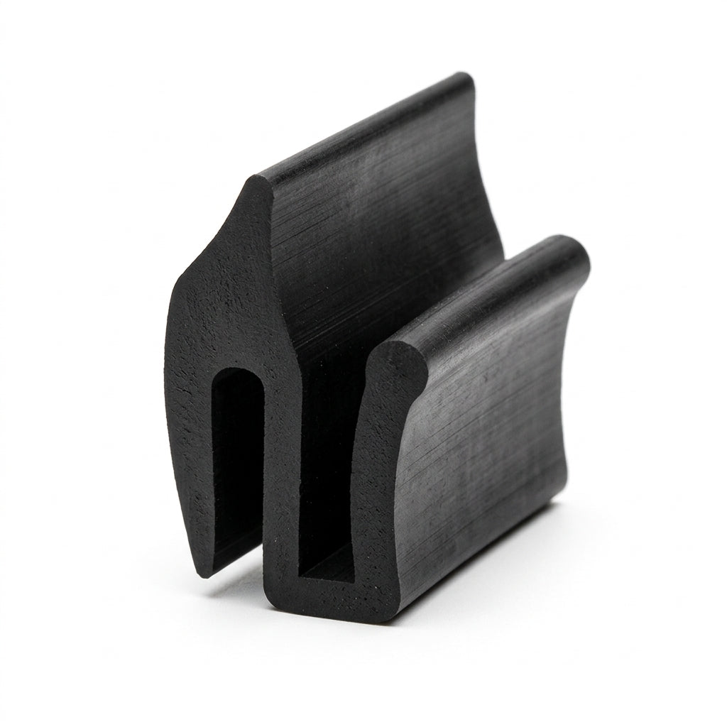 Black rubber double-channel bumper seal, angled studio shot on white background