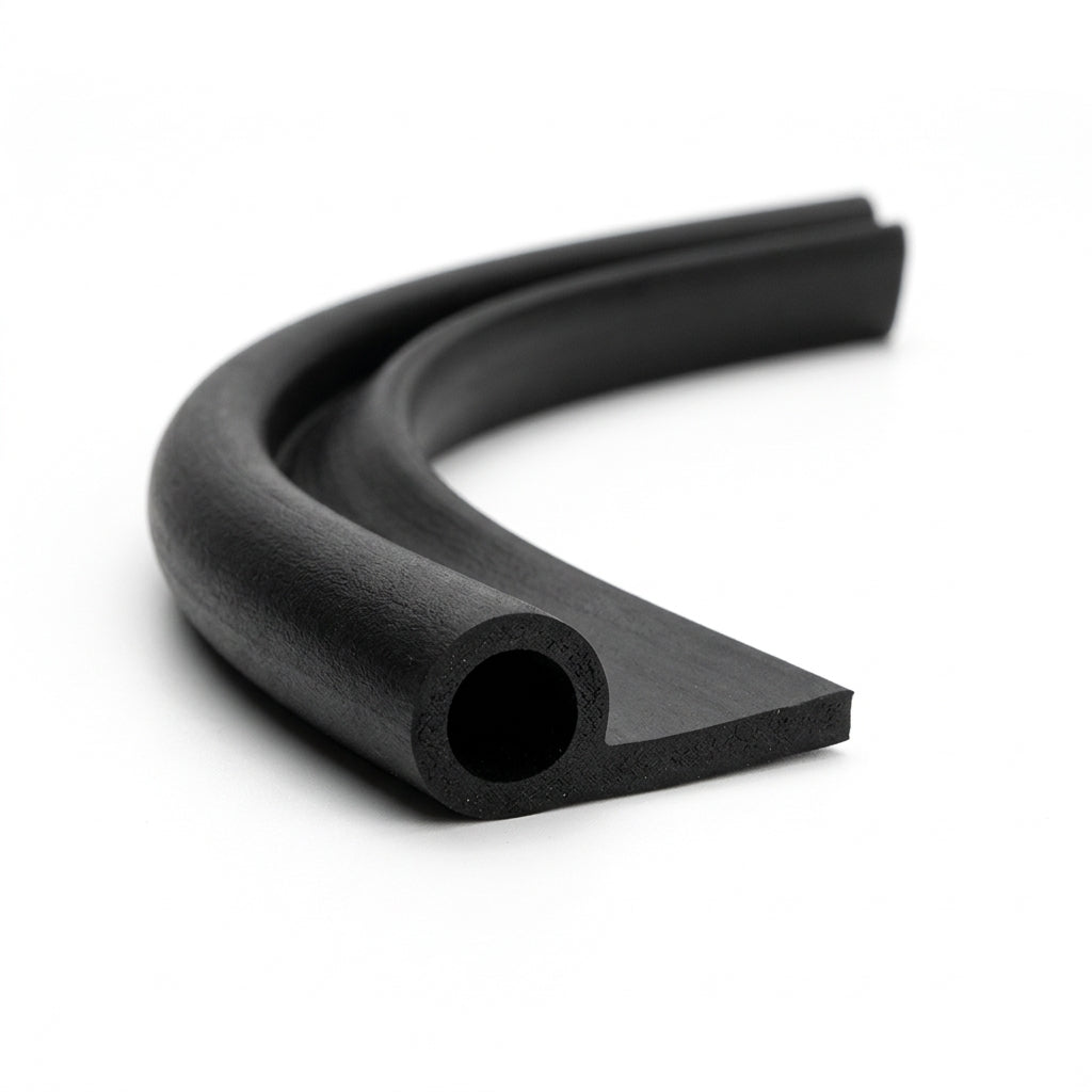Coiled length of black rubber hollow bulb extrusion with flat tail