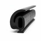 Angled studio shot of black rubber seal with a curled flange over a rounded bulb, flat base.