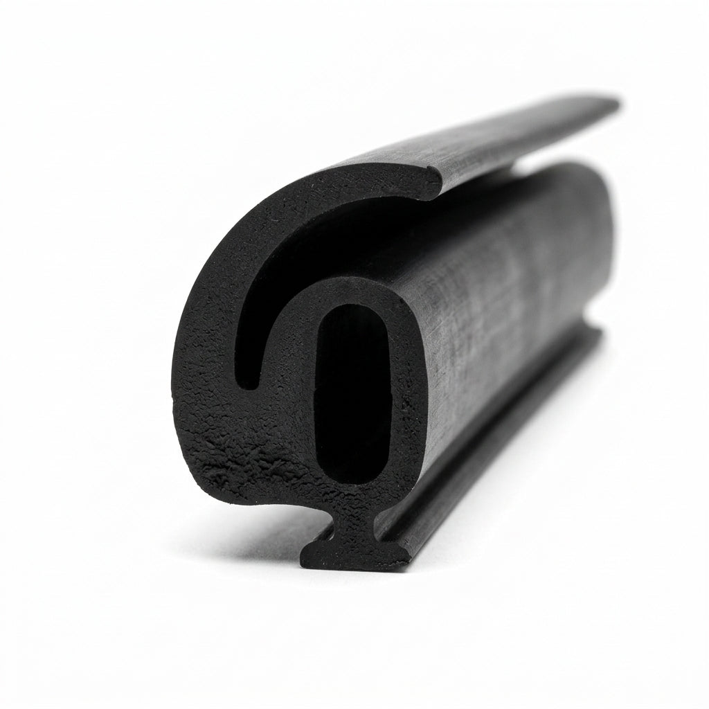 Angled studio shot of black rubber seal with a curled flange over a rounded bulb, flat base.