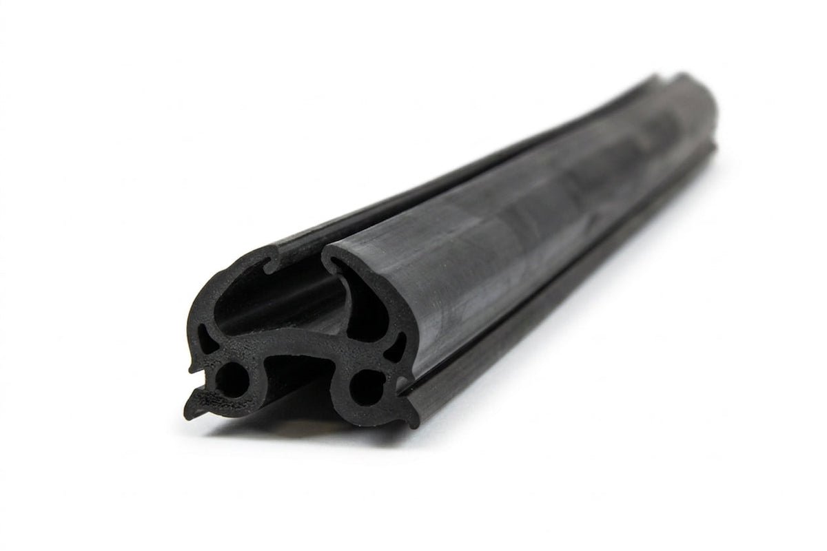 Black rubber windscreen seal length shown at an angle with a twin-channel profile