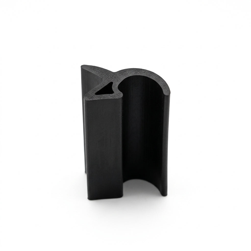 Black rubber double-channel waist seal with fin, upright studio shot