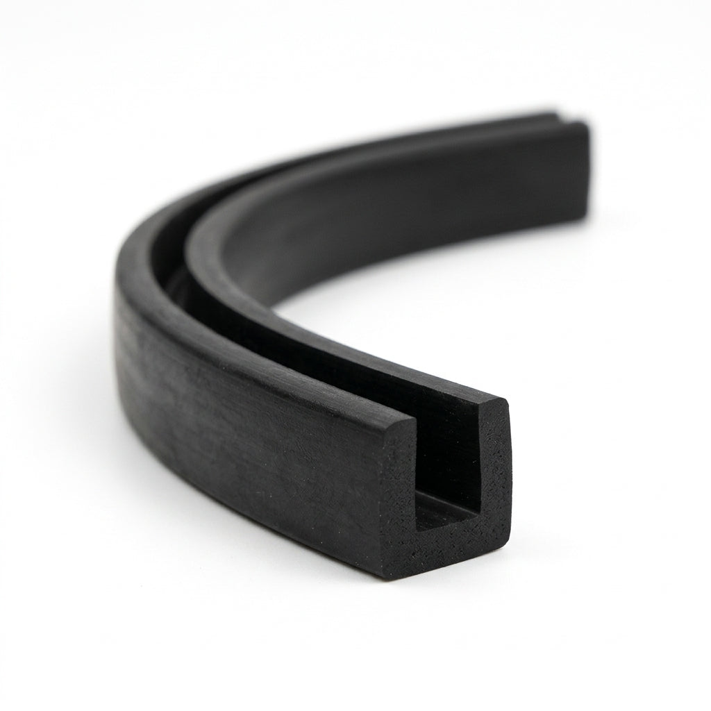 Black EPDM U-channel profile coiled, curved length showing square-ended groove