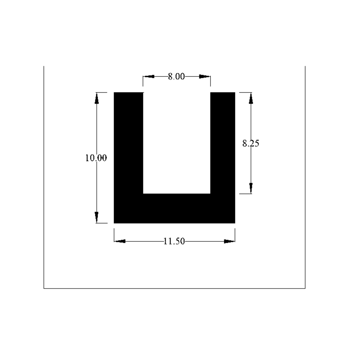 Cross-section diagram of U-channel profile, 10.00mm high x 11.50mm wide dimensions shown