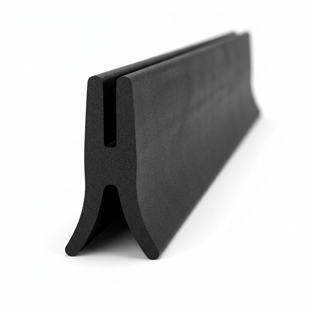 Black rubber double channel seal extrusion showing Y-shaped cross-section, studio shot