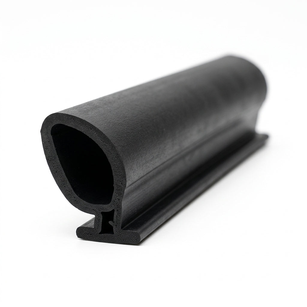 Black bulb-shaped hood seal profile with T-section fixing base, studio shot