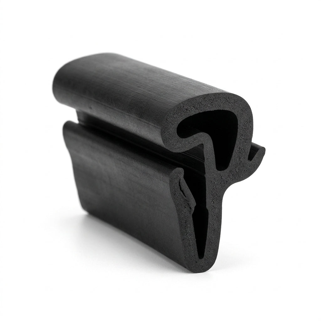 Black rubber bumper seal with hollow bulb and hooked leg, angled studio shot