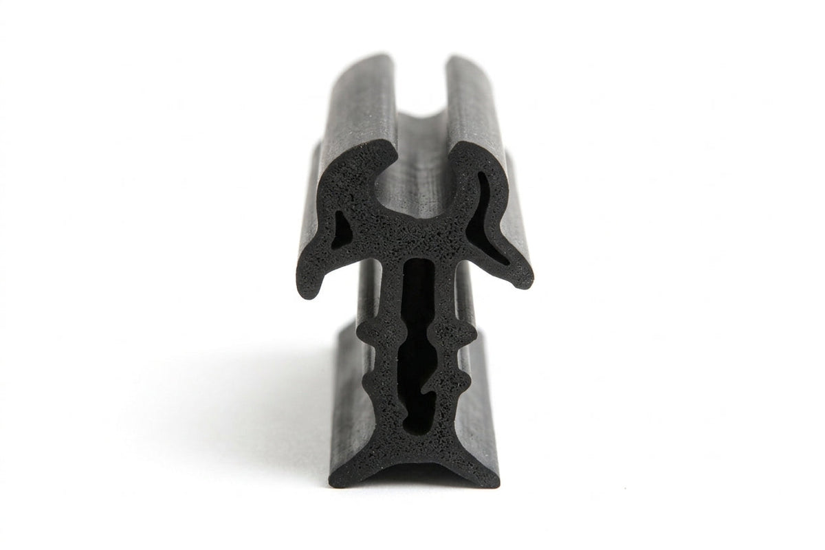 Black sponge rubber windscreen seal with clawed fin, upright end-on studio shot