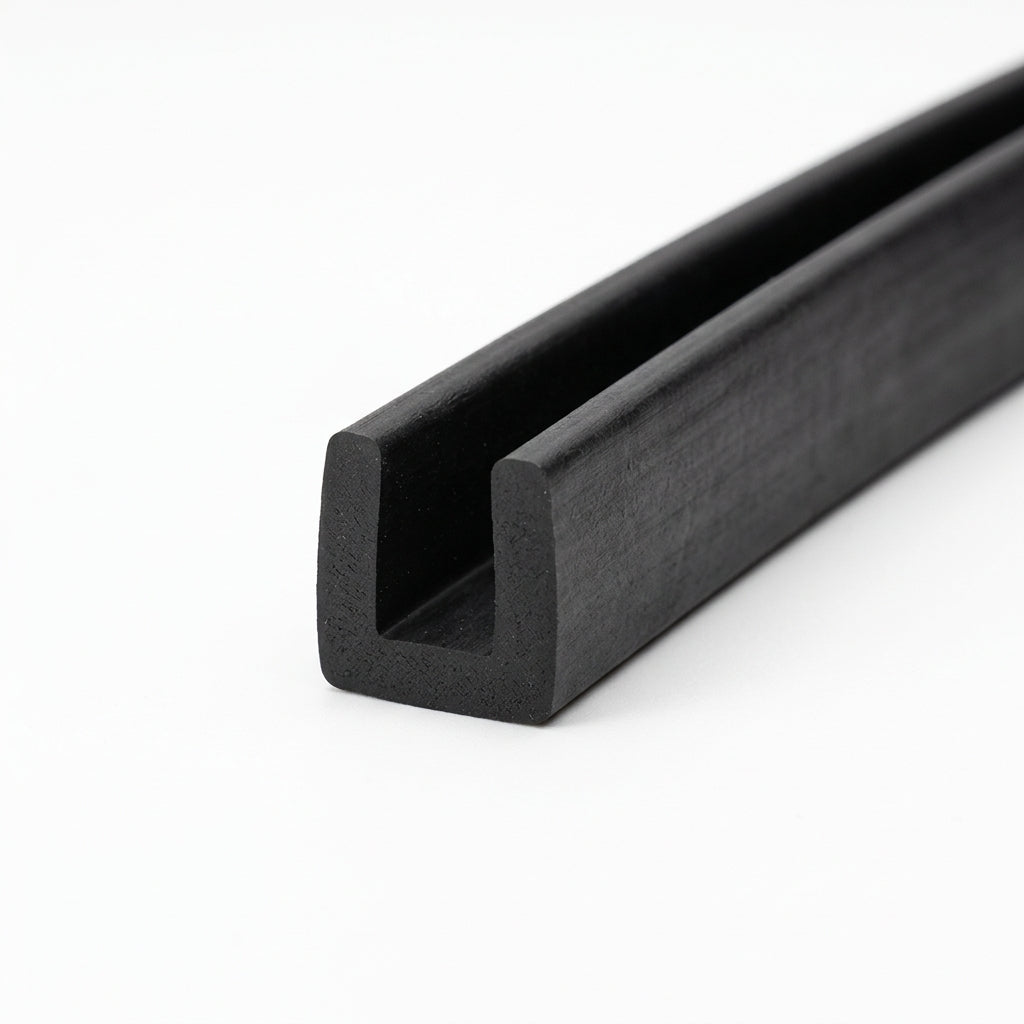 Black EPDM U-channel profile coiled, angled view of square-ended groove
