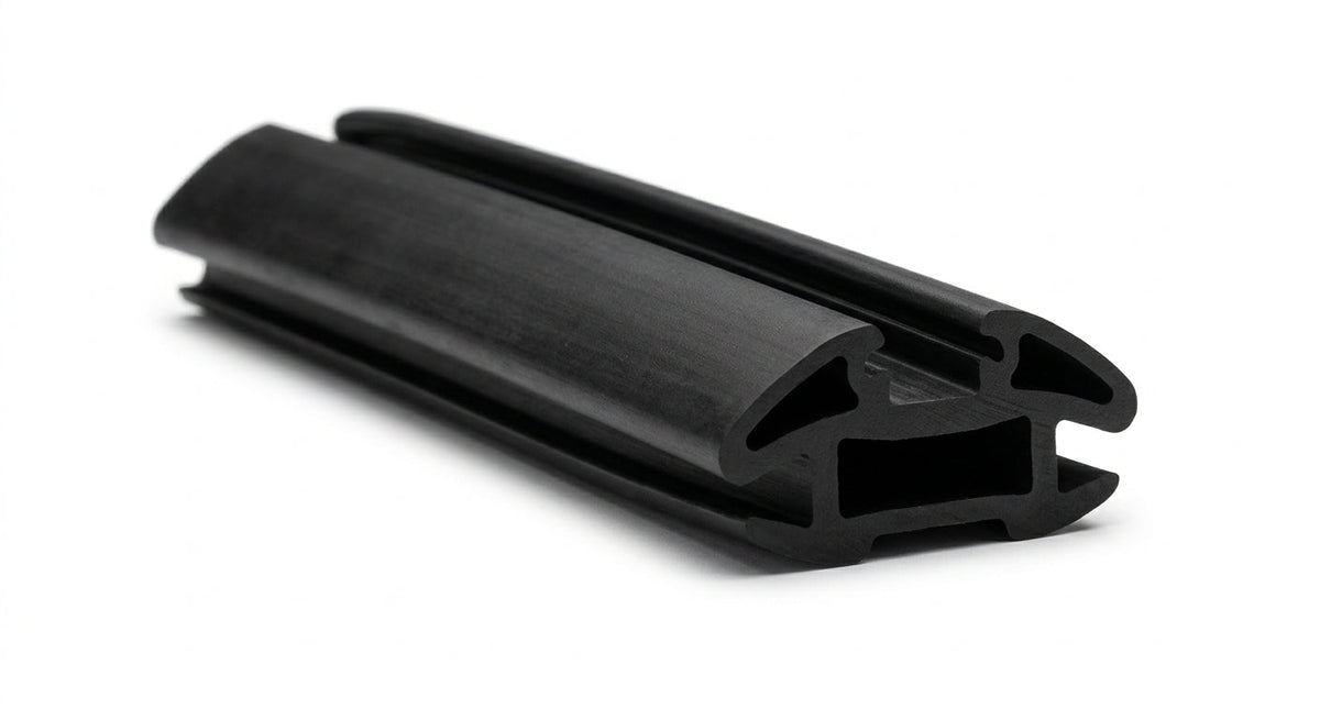 Black windscreen seal profile with T-shaped locking lip, studio white background