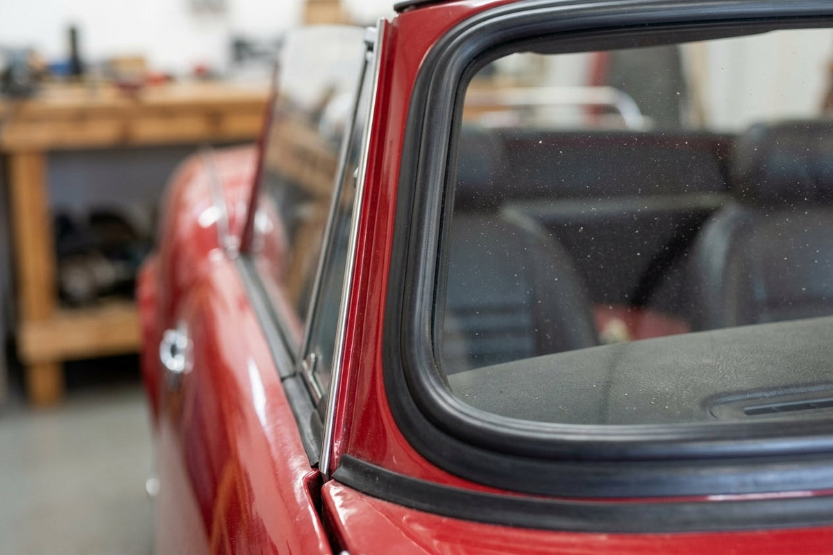 Black windscreen rubber seal fitted around the rear screen of a red classic car