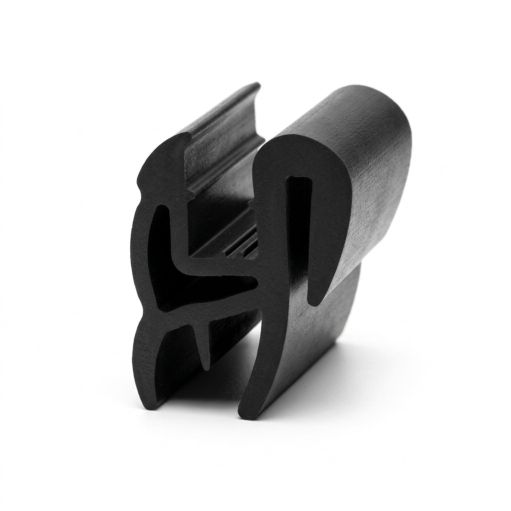 Black rubber S-shaped glazing profile with ribbed grip, angled studio shot