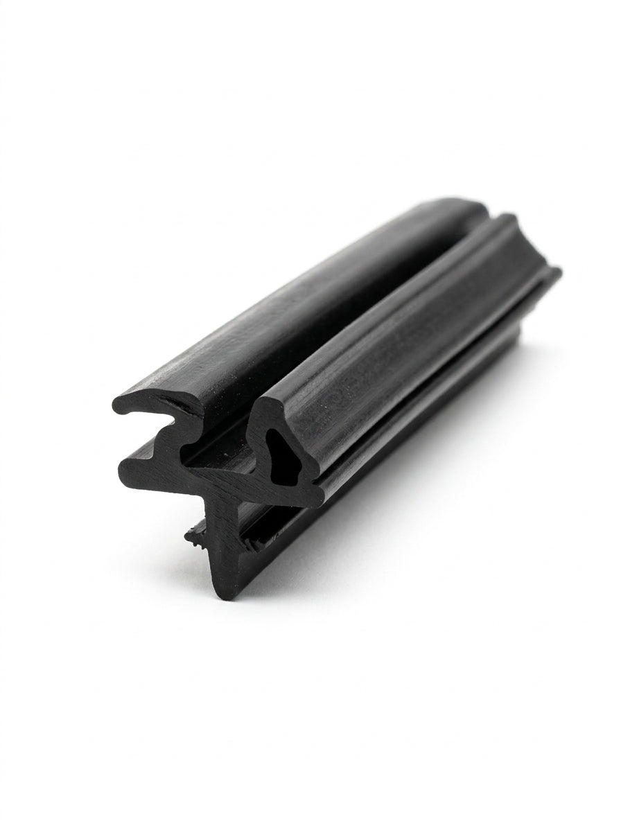 Black rubber windscreen seal shown at an angle with a forked mounting foot