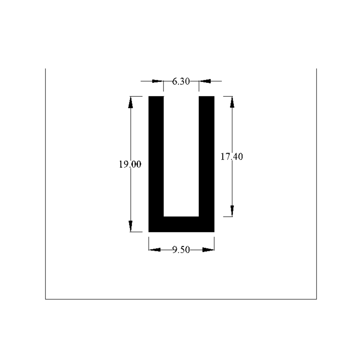 Cross-section diagram of U-channel edge trim, 19.00mm high x 9.50mm wide dimensions shown