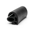 Black rubber windscreen-to-body seal profile with sponge core, cut end on white background