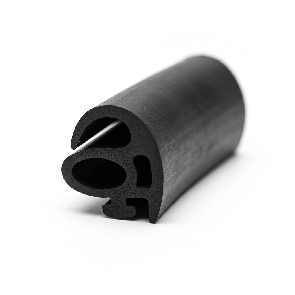 Black rubber windscreen-to-body seal profile with sponge core, cut end on white background