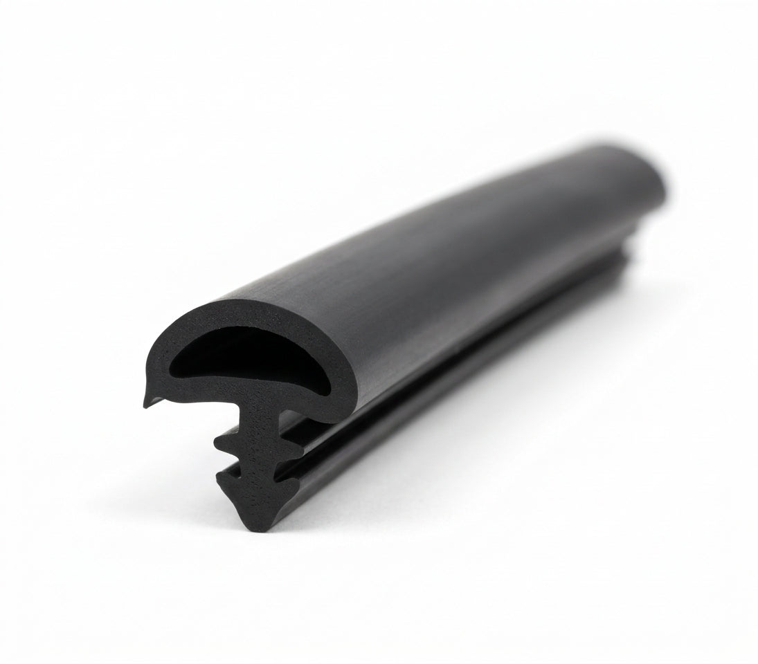 Black rubber seal profile with bulb section and fir-tree fixing legs, studio shot