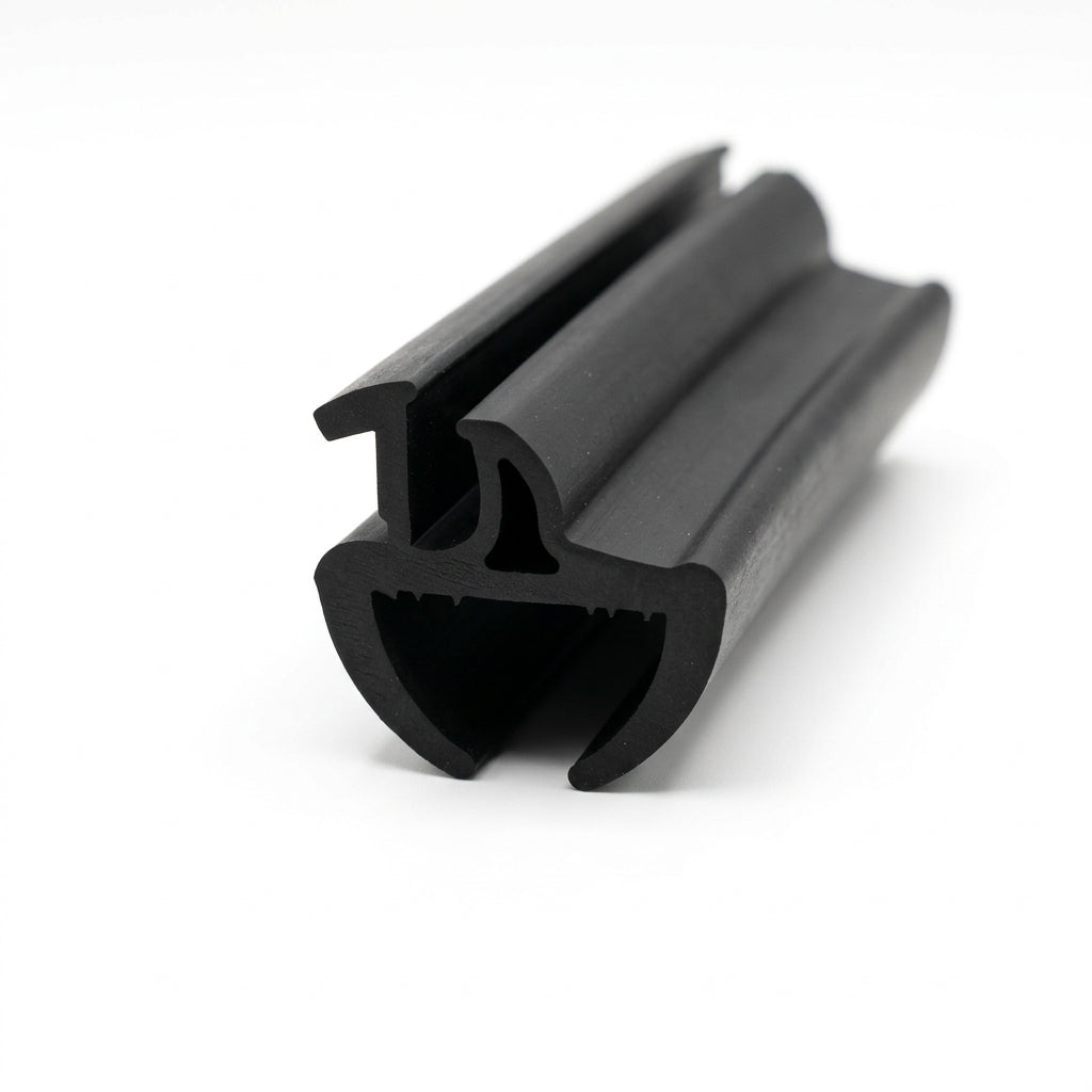Black rubber window seal extrusion, angled studio shot showing the U-shaped profile