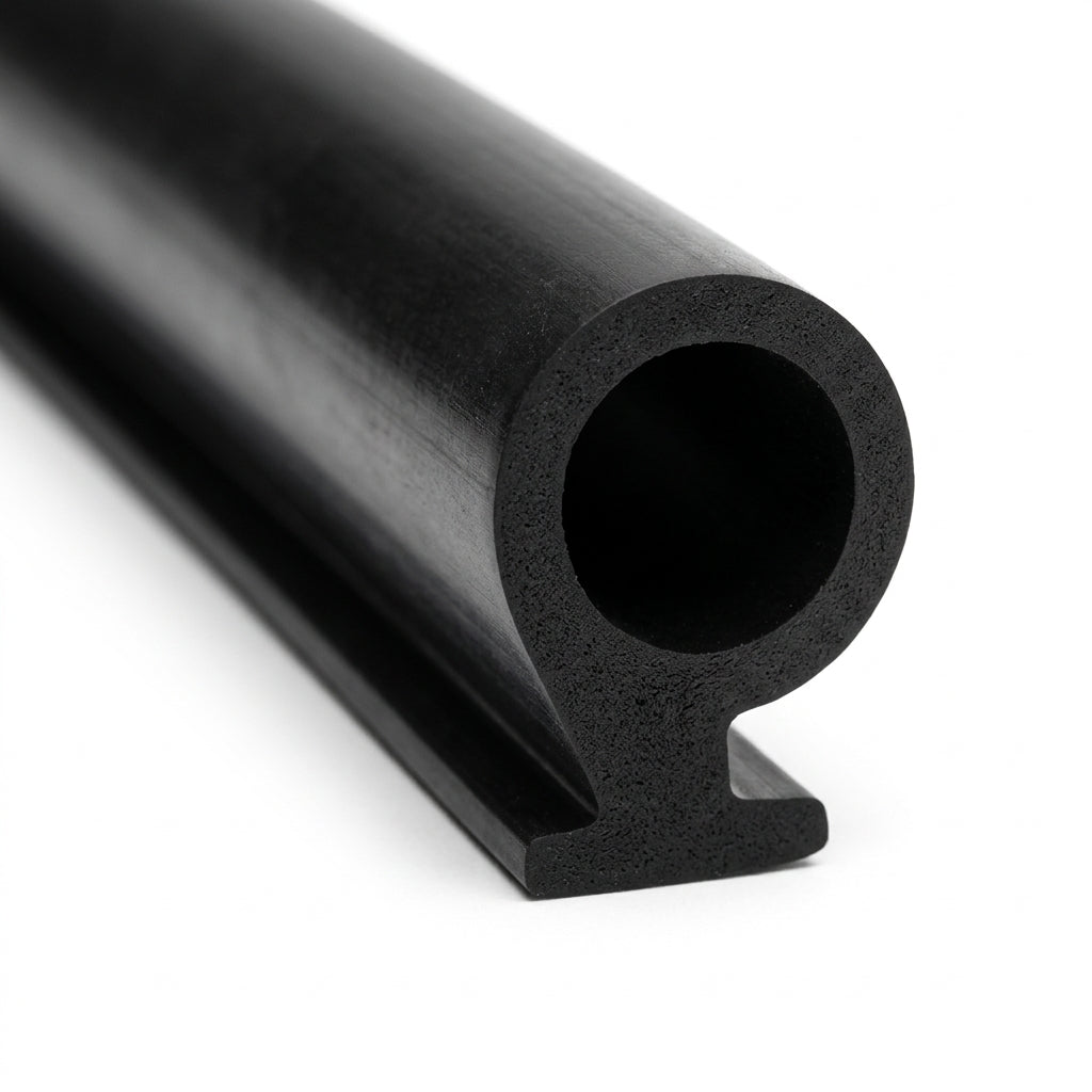 Angled studio shot of black EPDM seal with round hollow bulb offset above a narrow flat foot.