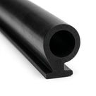 Angled studio shot of black EPDM seal with round hollow bulb offset above a narrow flat foot.