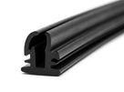 Black rubber windscreen seal with barbed leg and hollow bulb, angled length on white background