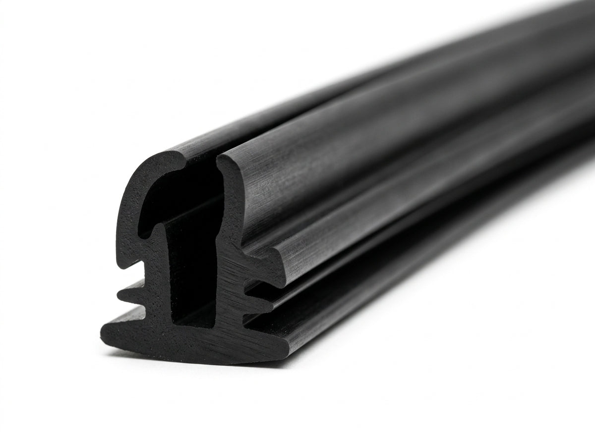 Black rubber windscreen seal with barbed leg and hollow bulb, angled length on white background