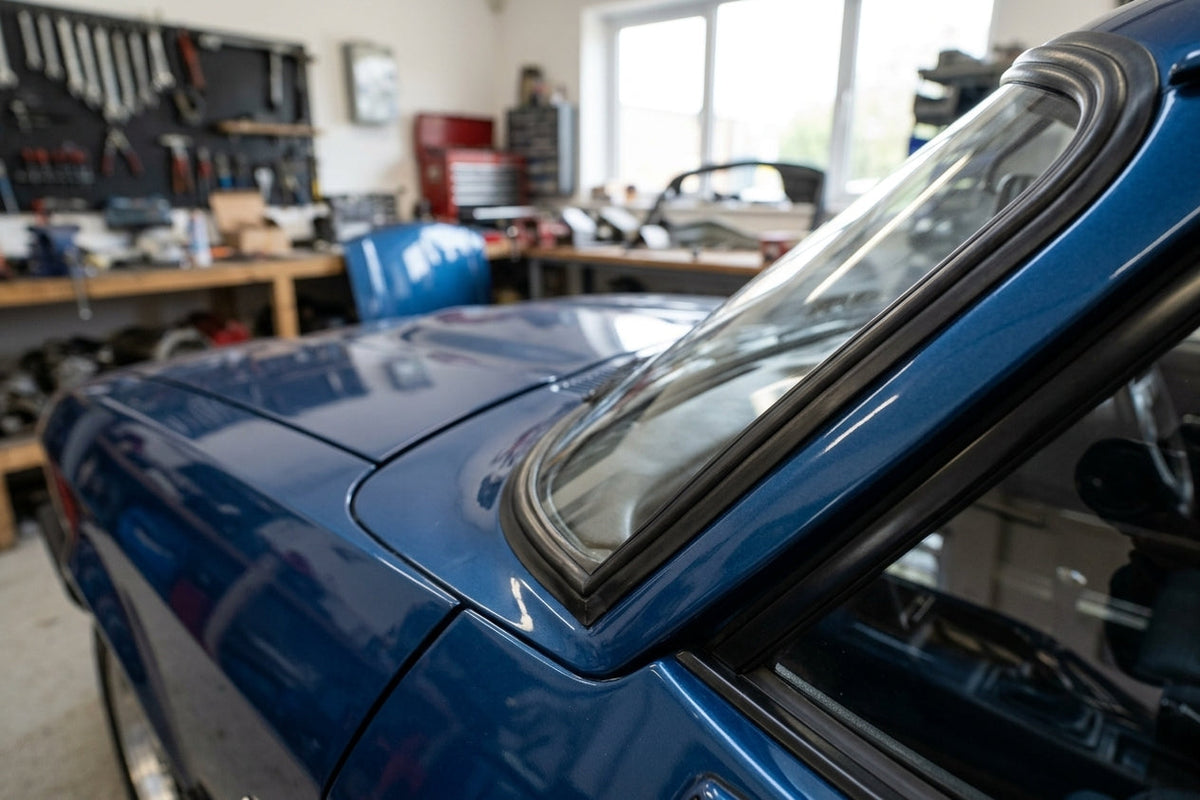 Black windscreen surround fitted around a blue Capri's rear quarter window
