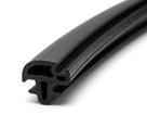 Black rubber windscreen seal with barbed double fin, angled length on white background