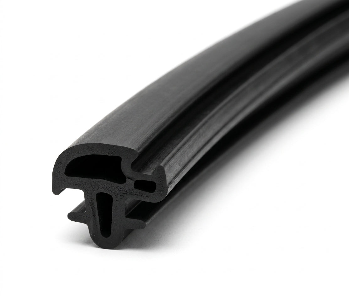 Black rubber windscreen seal with barbed double fin, angled length on white background