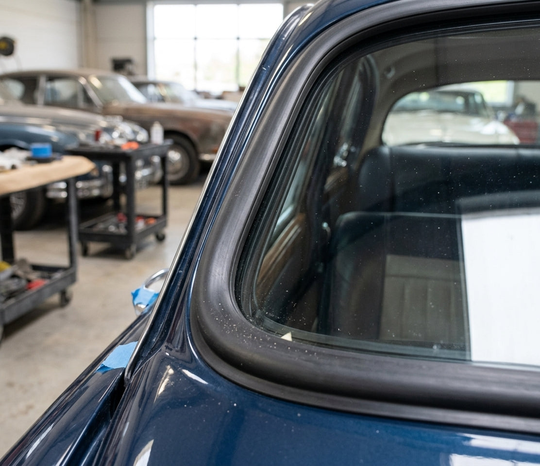 Windscreen seal fitted to the rear side window frame of a dark blue classic Jaguar