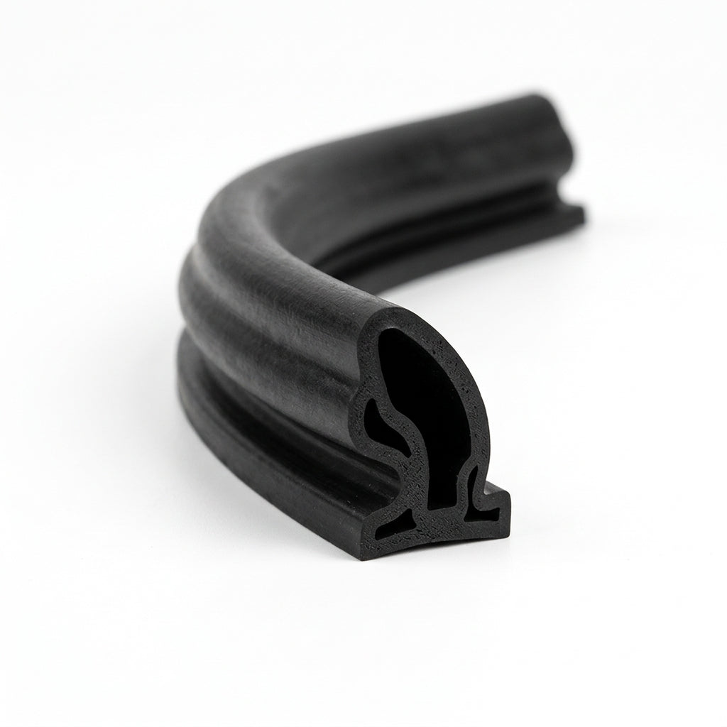 Length of black rubber seal coiled to show bulb profile and fir-tree fixing leg