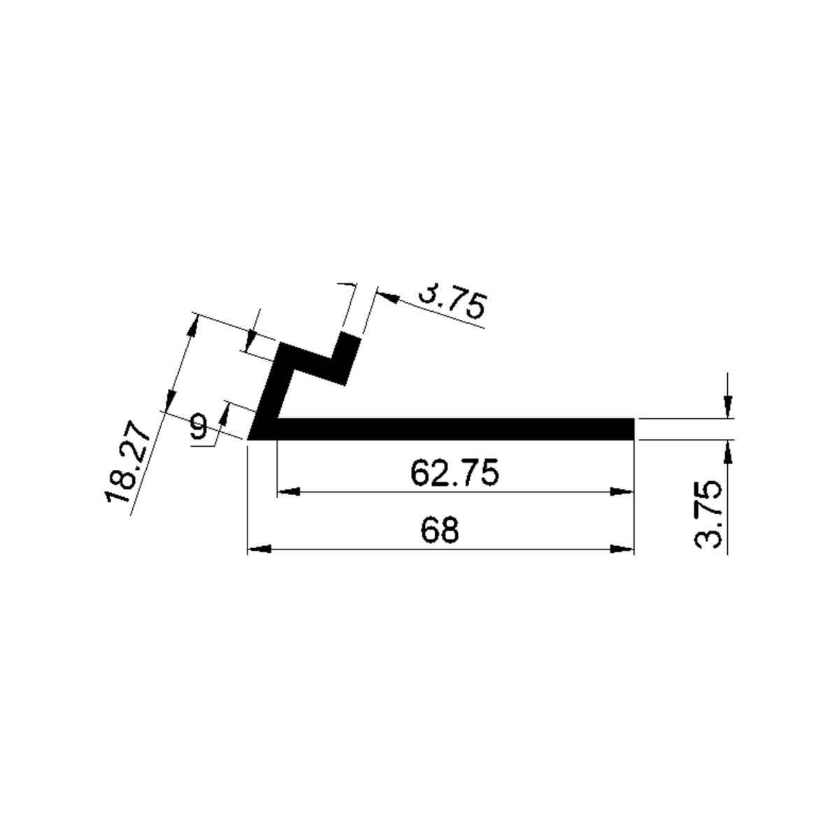 Line drawing of door seal profile, overall 68mm x 18.27mm, flange 3.75mm