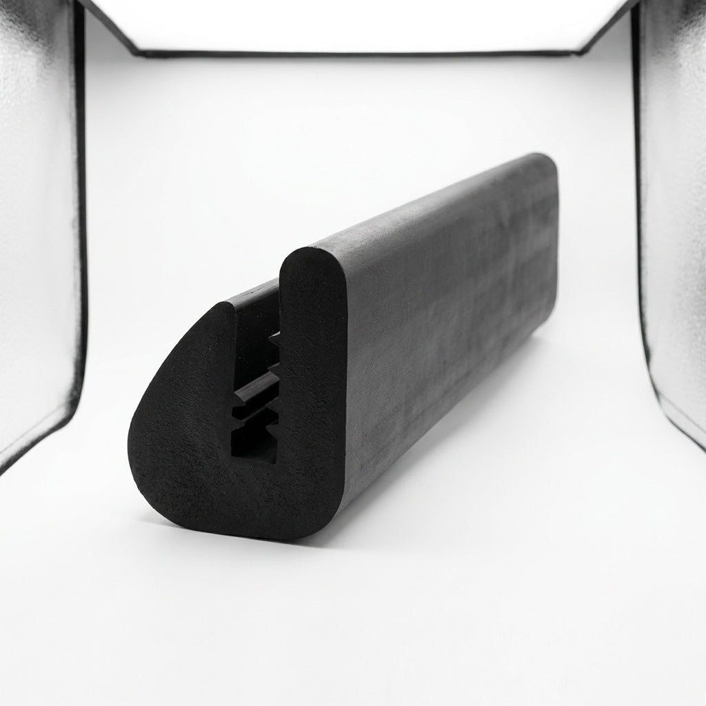Black rubber U-channel trim seal with serrated grip, angled studio shot