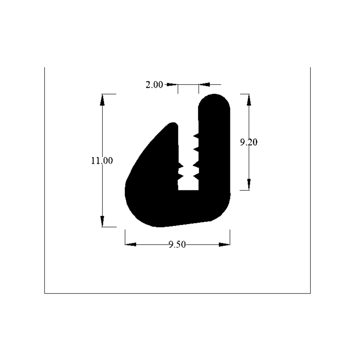Technical diagram of J-shaped trim seal profile with 2.00, 9.20 and 11.00mm dimensions