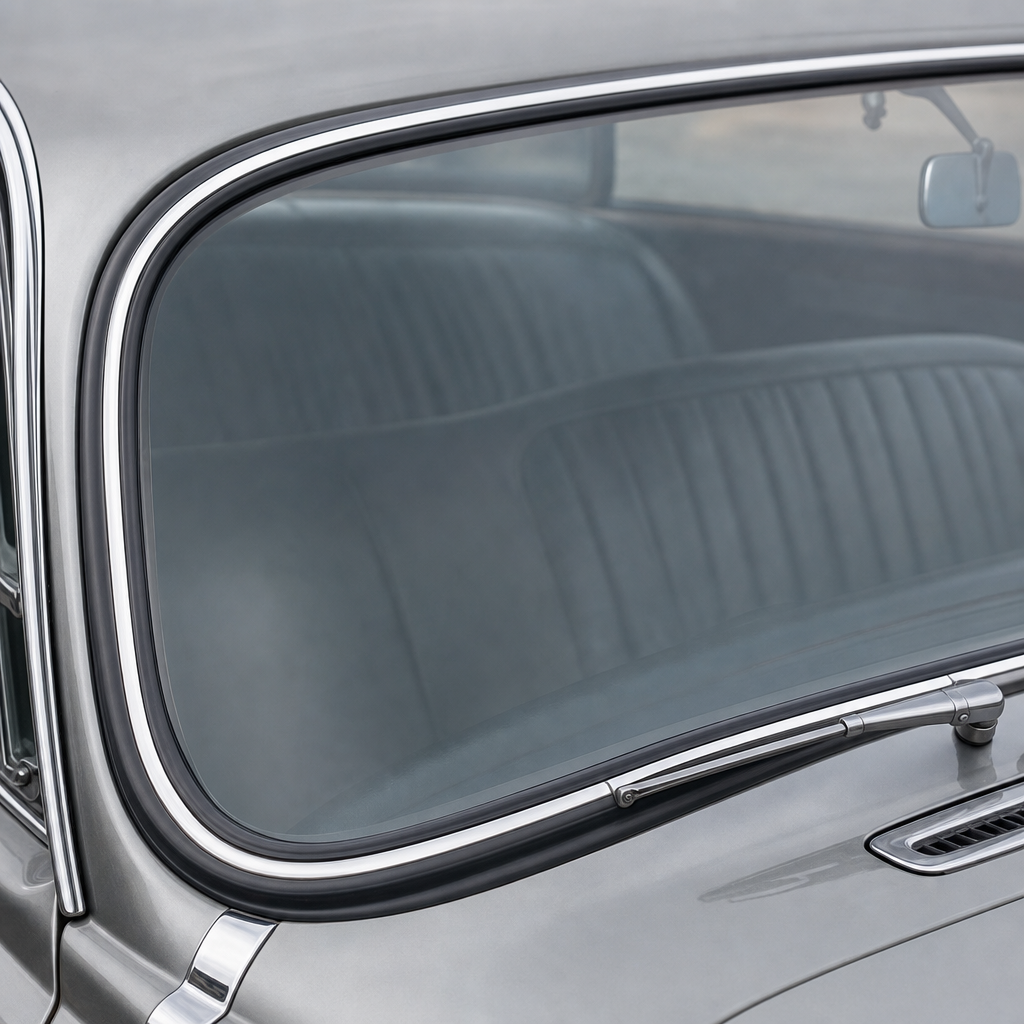 Windscreen seal fitted with chrome trim to the rear window of a silver classic Jaguar