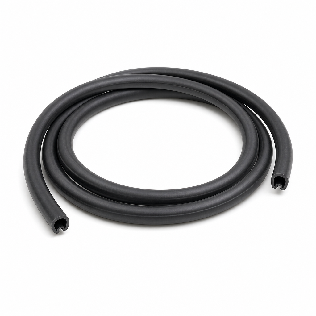 Black rubber windscreen seal coiled into a loop, studio shot on white background