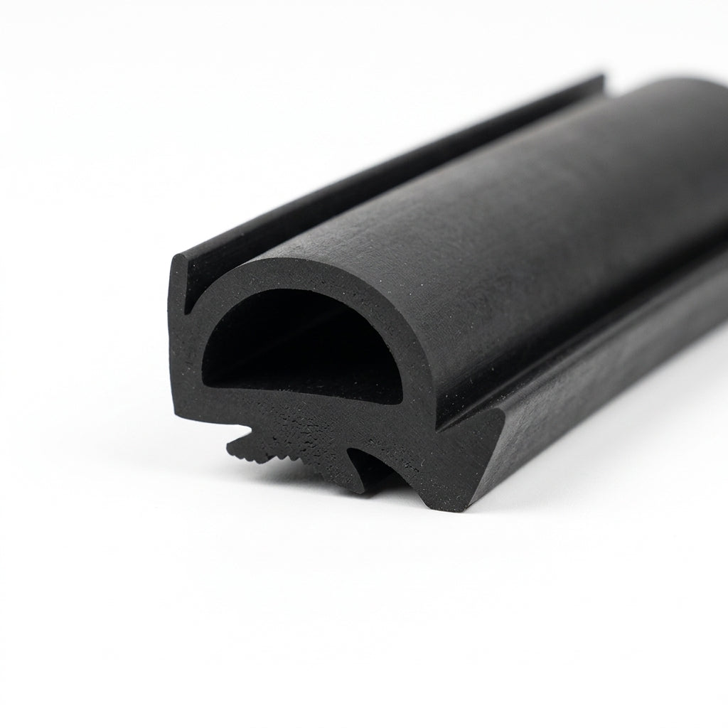 Black rubber pillar seal profile with serrated fixing edge, close-up studio shot