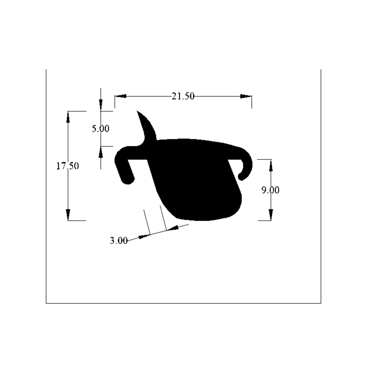 Cross-section diagram of block section with side hooks, 21.50mm x 17.50mm