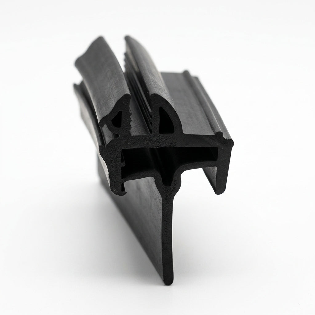 Black rubber window seal extrusion, angled studio shot showing the cross-section profile