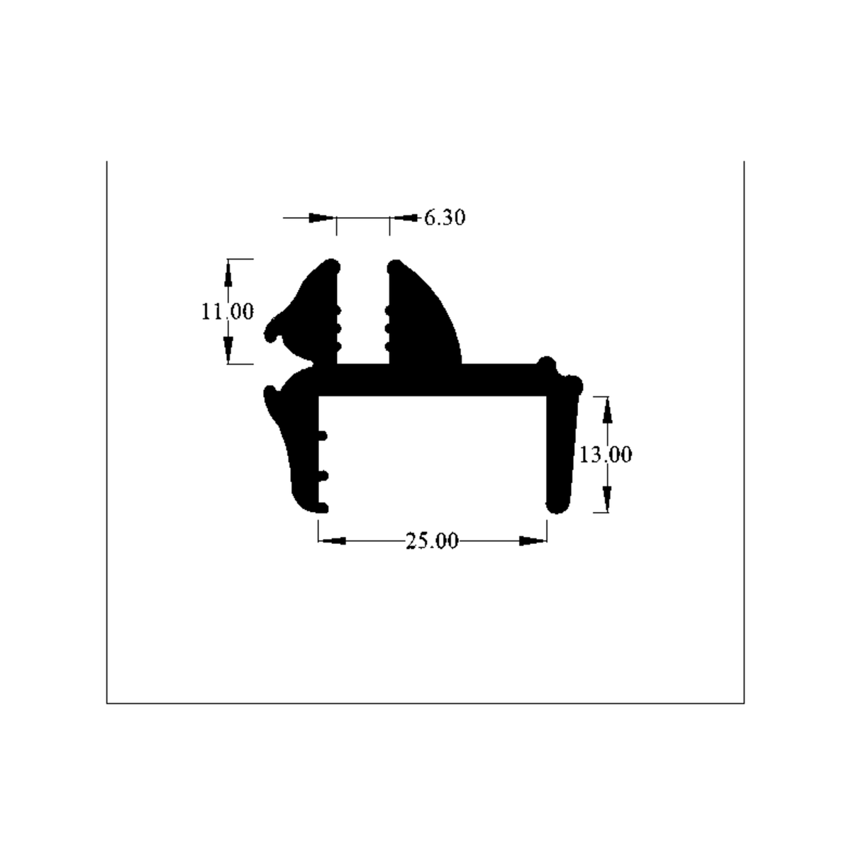 Dimensioned cross-section of the window seal in mm: 25mm base, 11mm and 13mm legs, 6.30mm gripping channel