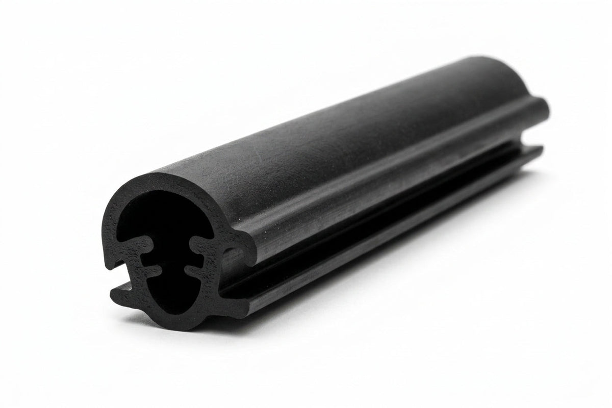 Black rubber windscreen seal with double locking channel, coiled on white background