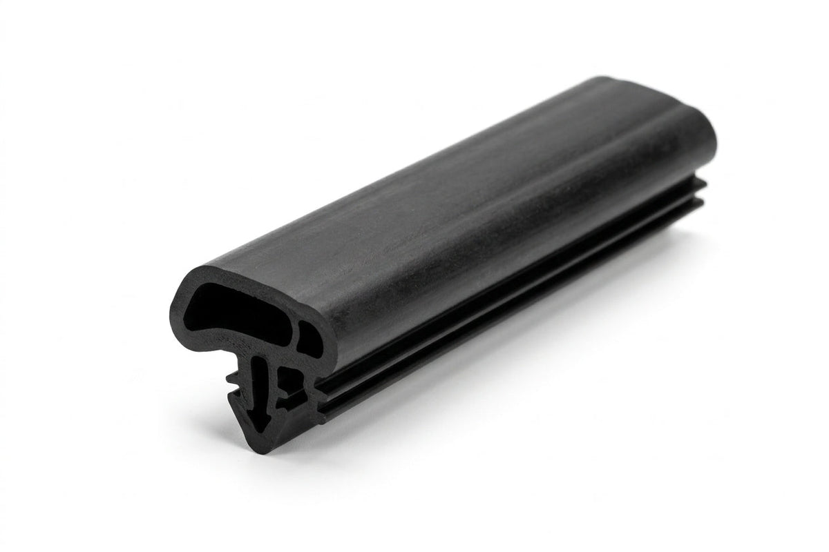 Black rubber windscreen seal with ribbed locking flange, angled studio shot